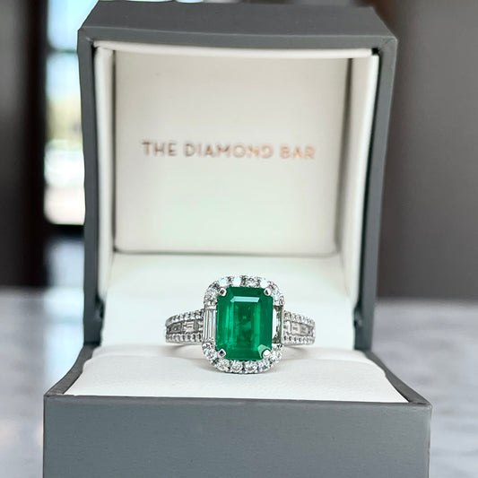 18K White Gold Emerald and Diamond Halo Ring
