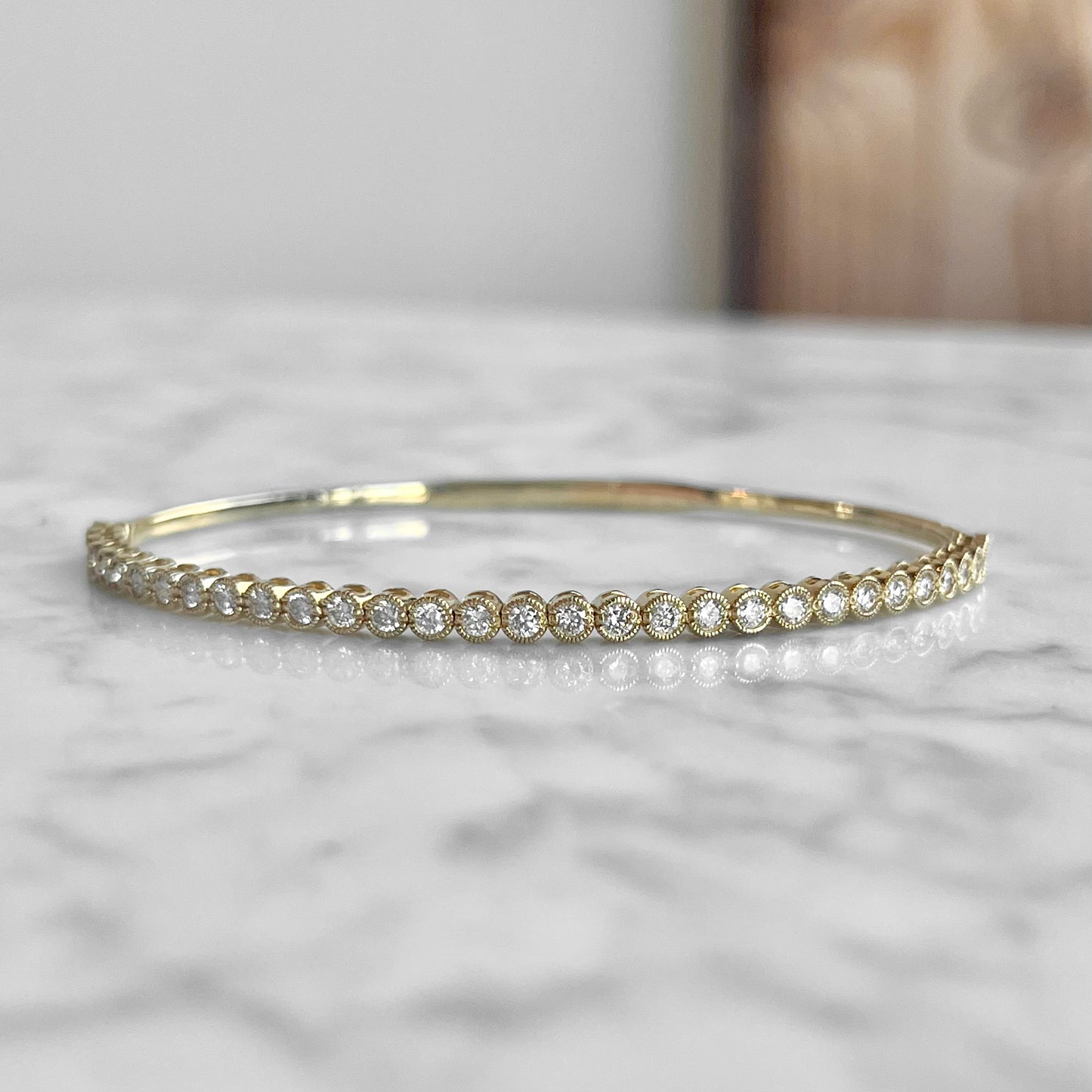 14K Yellow Gold Milgrain Bezel Diamond Flexible Bangle Bracelet