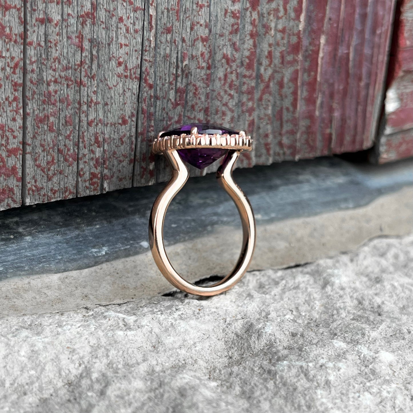 14K Rose Gold "Floating" Amethyst and Diamond Halo Ring 6.97CTW
