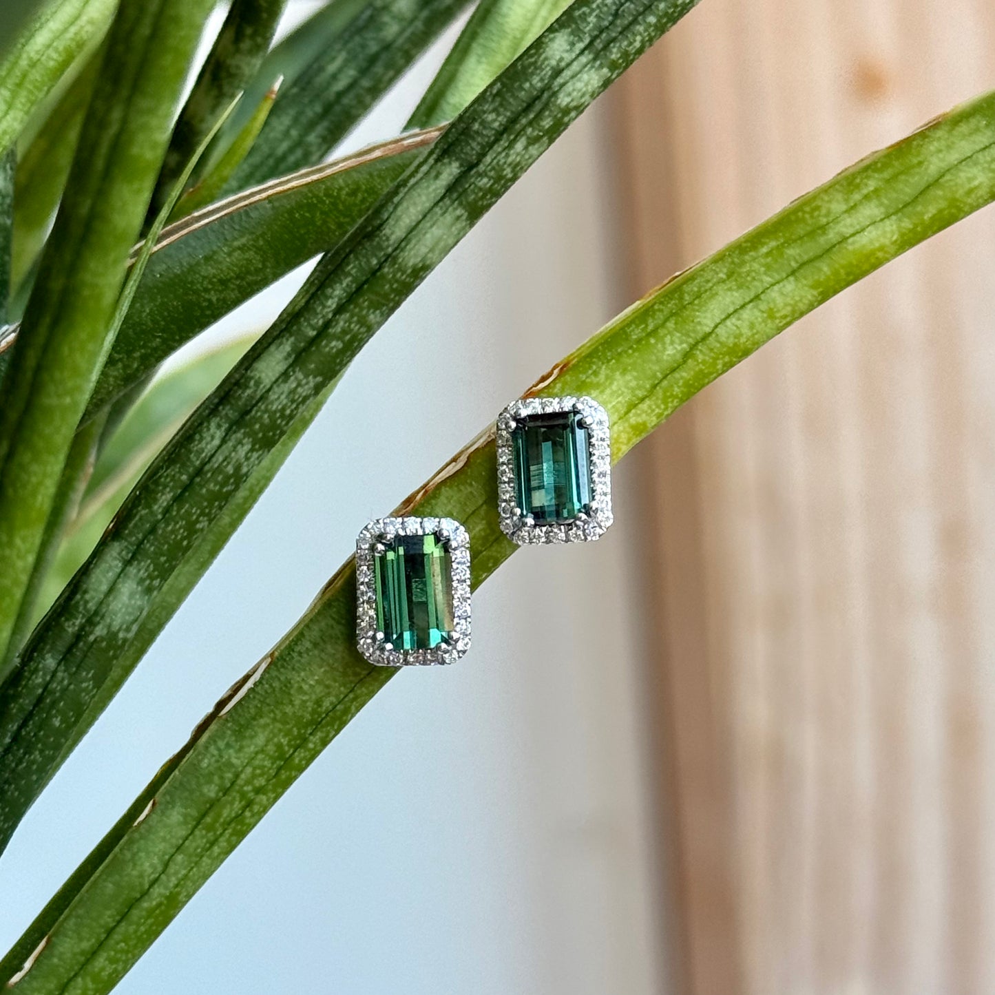 14K White Gold Emerald Cut Tourmaline and Diamond Halo Stud Earrings
