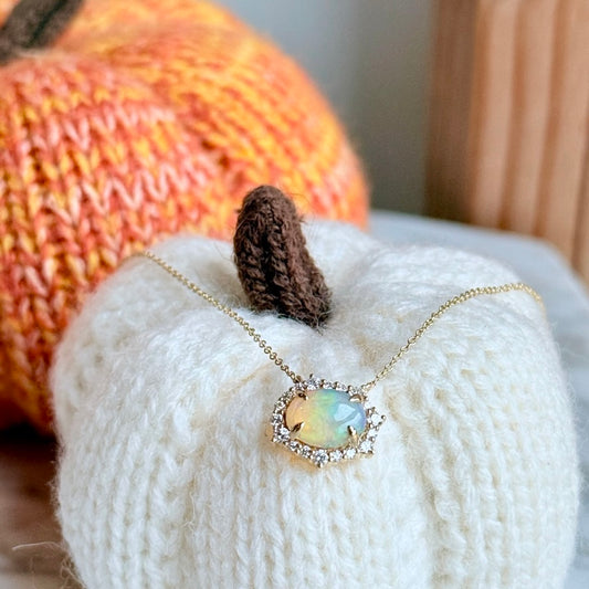 14K Yellow Gold Opal and Diamond Halo Necklace