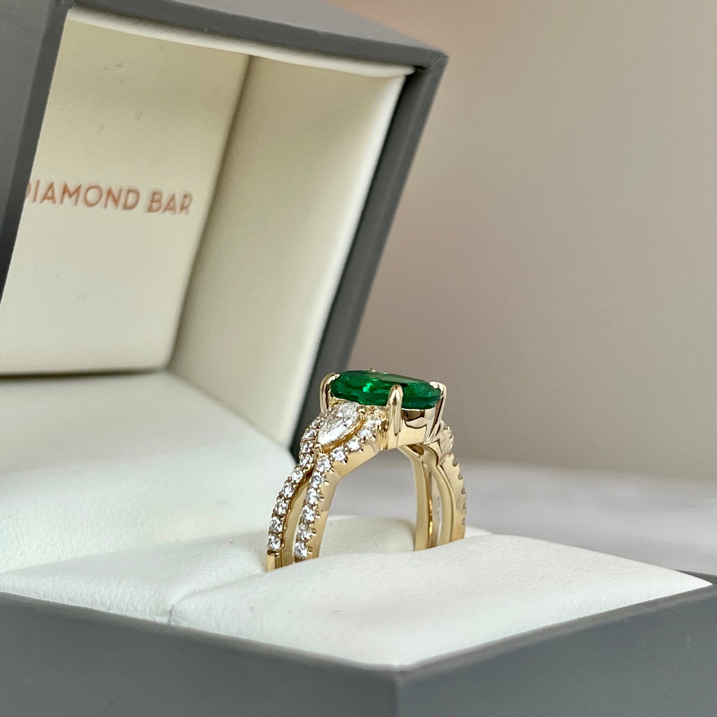 14K Yellow Gold Three Stone Emerald and Diamond Ring