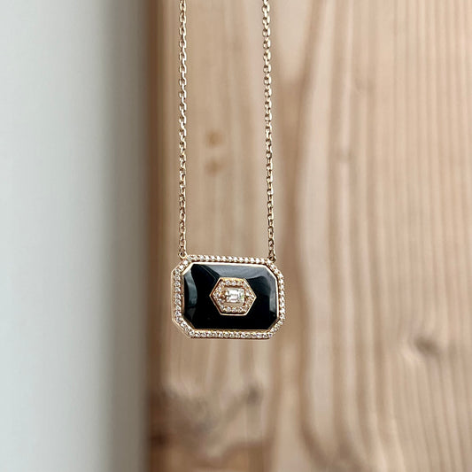 14K Gold Large Enamel Art Deco Diamond Necklace