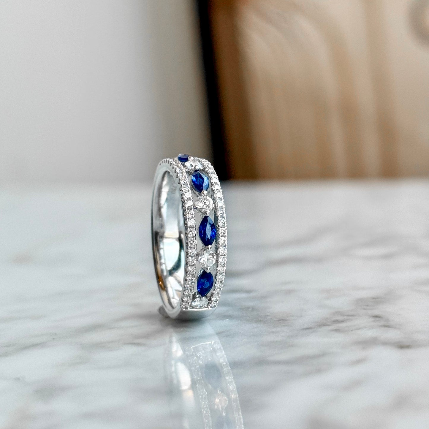 18K White Gold Sapphire and Diamond Triple Row Band
