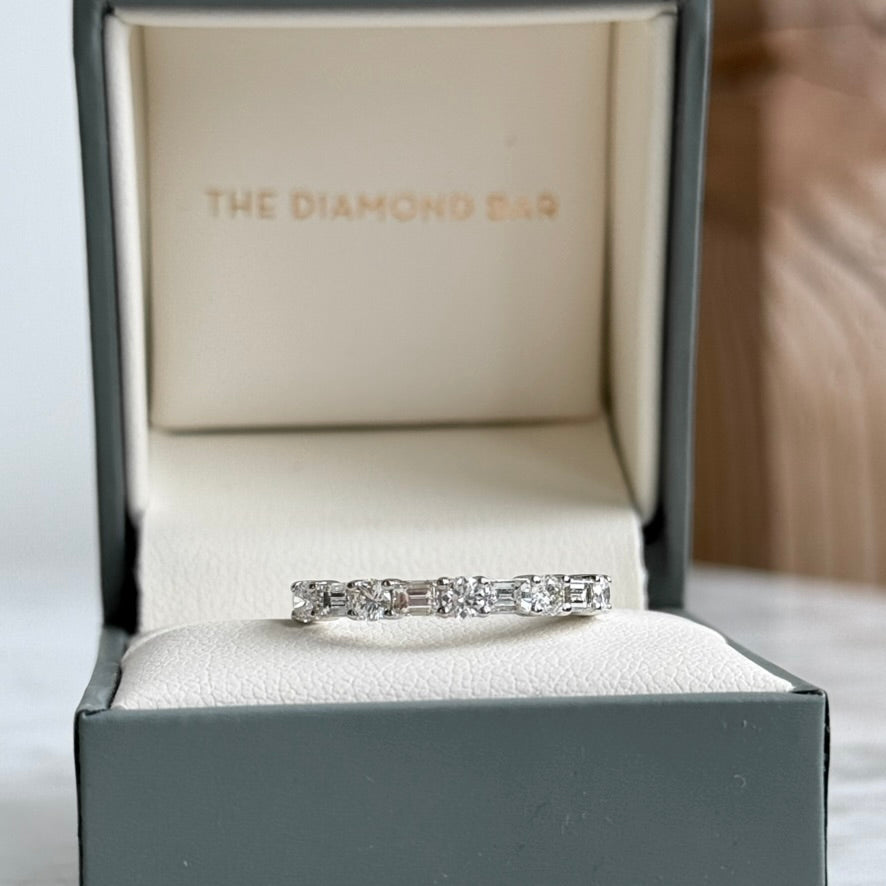 14K White Gold Baguette and Round Diamond Band