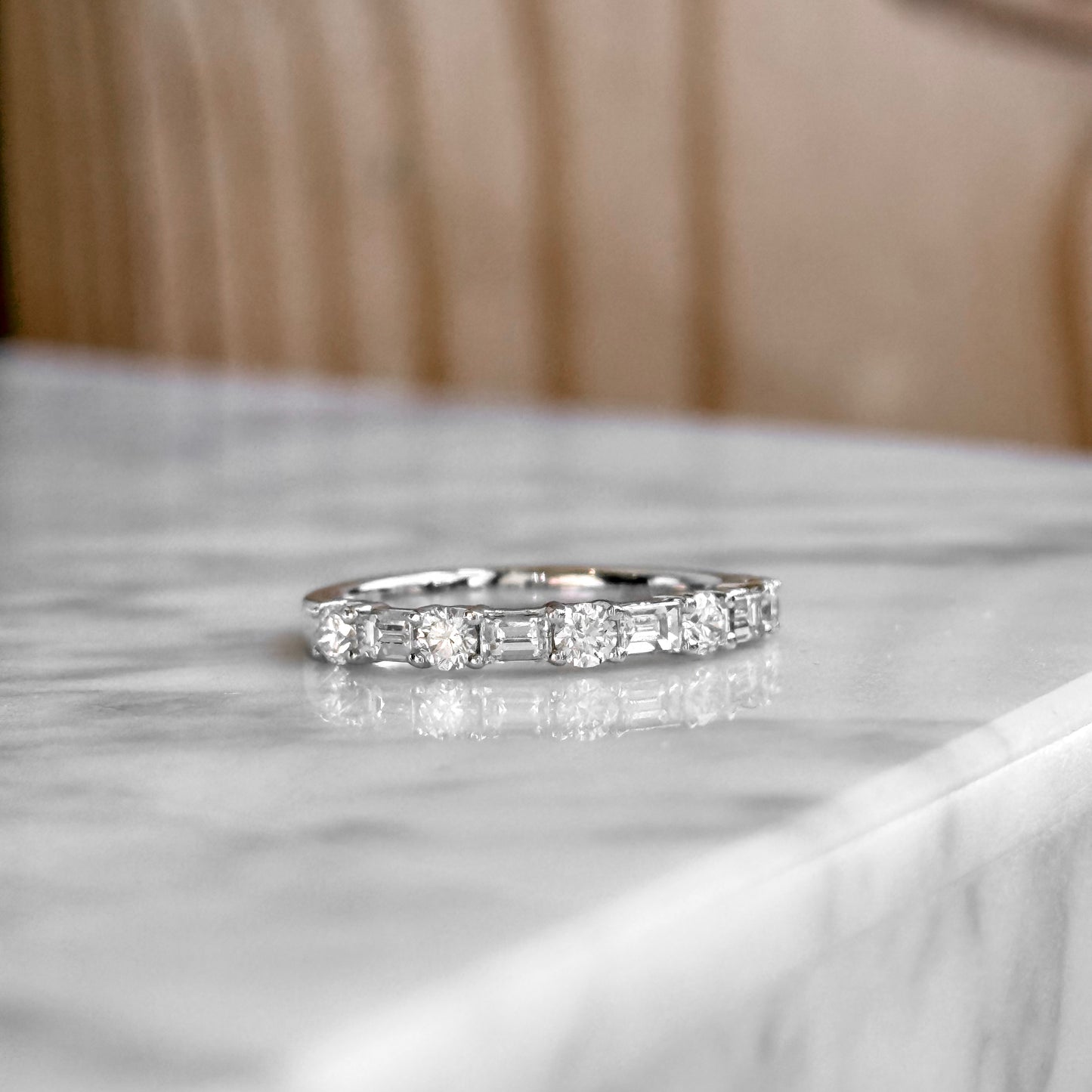 14K White Gold Baguette and Round Diamond Band