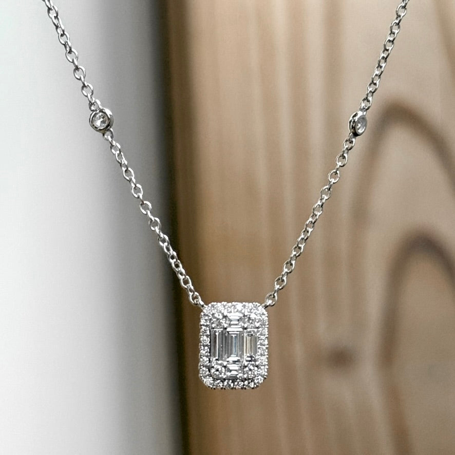 18K White Gold Baguette and Round Diamond Halo Necklace