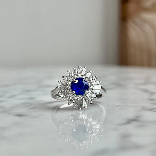 14K White Gold Natural Sapphire and Diamond Halo Ballerina Ring