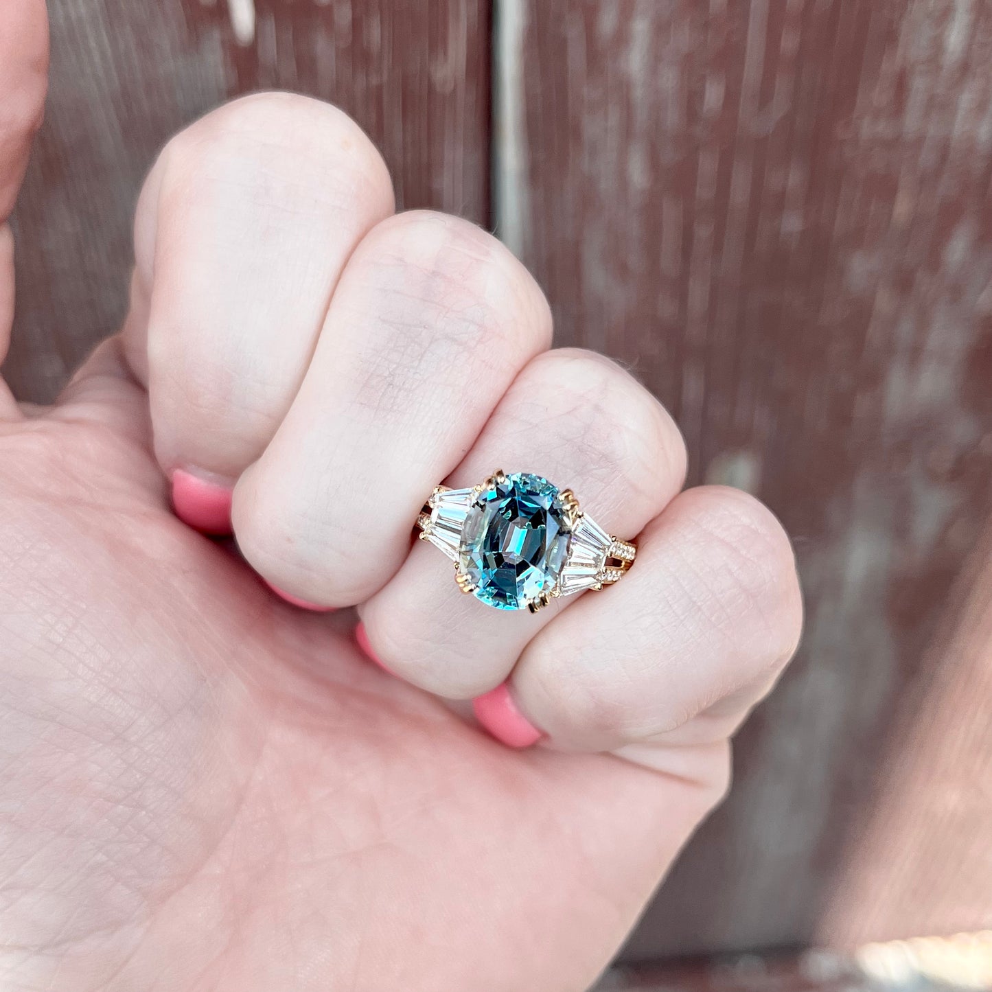 18K Yellow Gold Three Stone Inspired Aquamarine and Diamond Ring