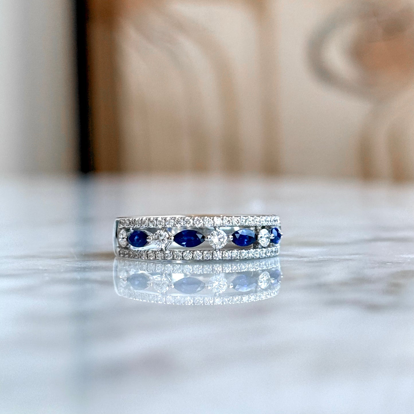 18K White Gold Sapphire and Diamond Triple Row Band