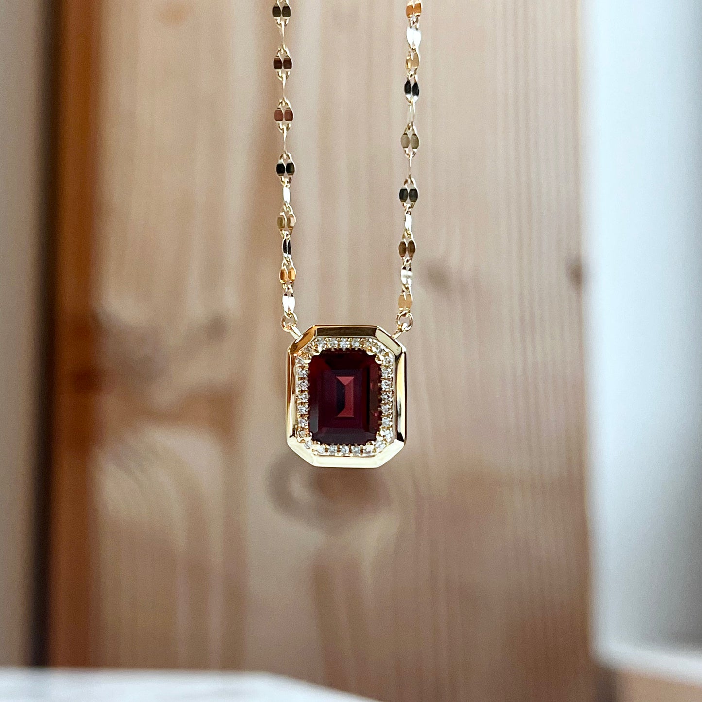 14K Yellow gold Garnet and Diamond Halo Necklace