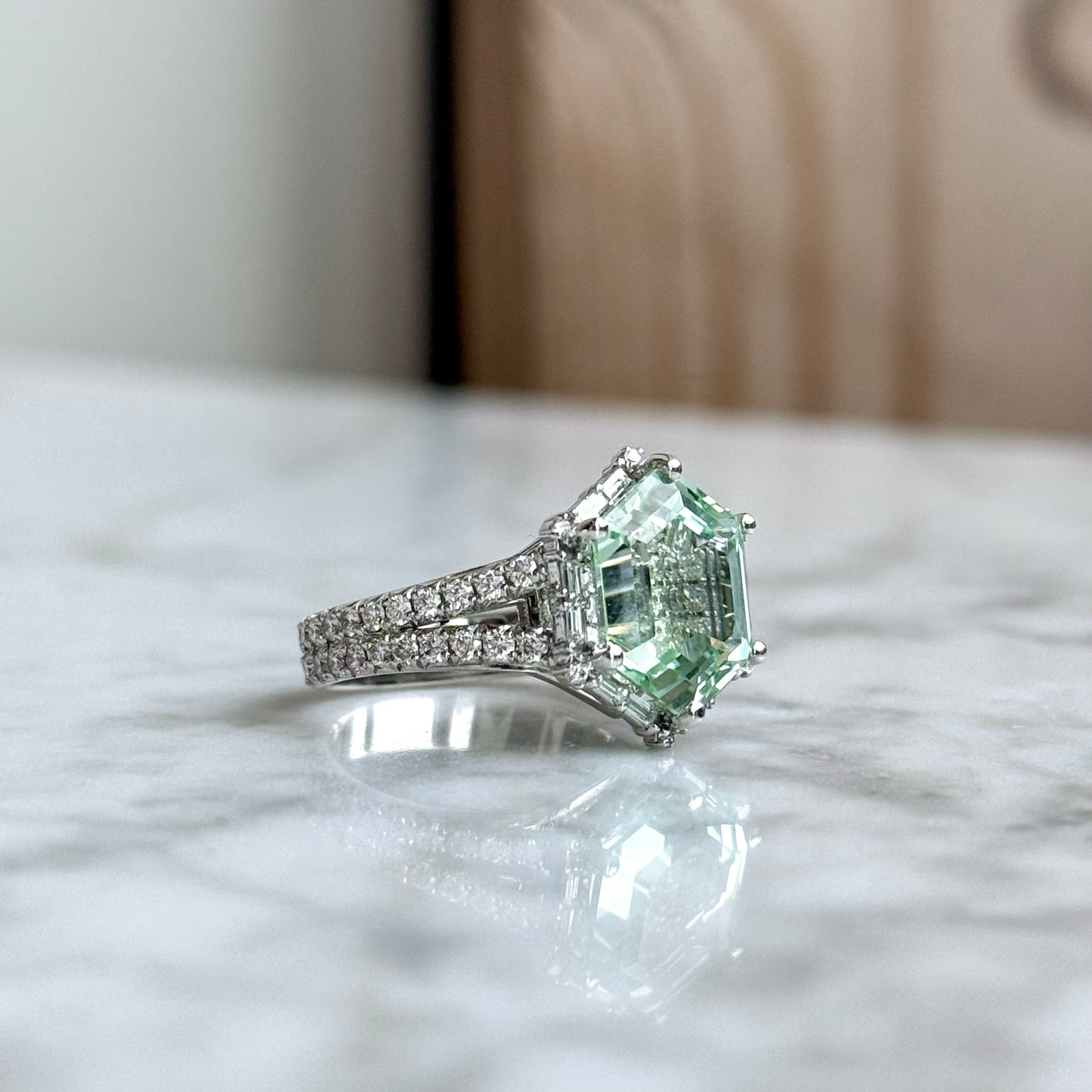 14K White Gold Mint Tourmaline "Lumineve" Diamond Halo Split Shank Ring