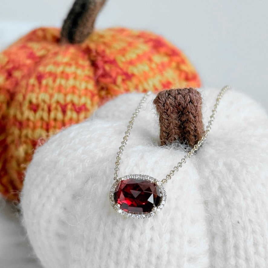 14K Yellow Gold Garnet and Diamond Halo Necklace