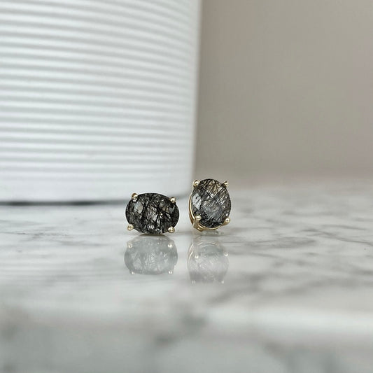 14K Yellow Gold Rutilated Quartz Stud Diamond Earrings