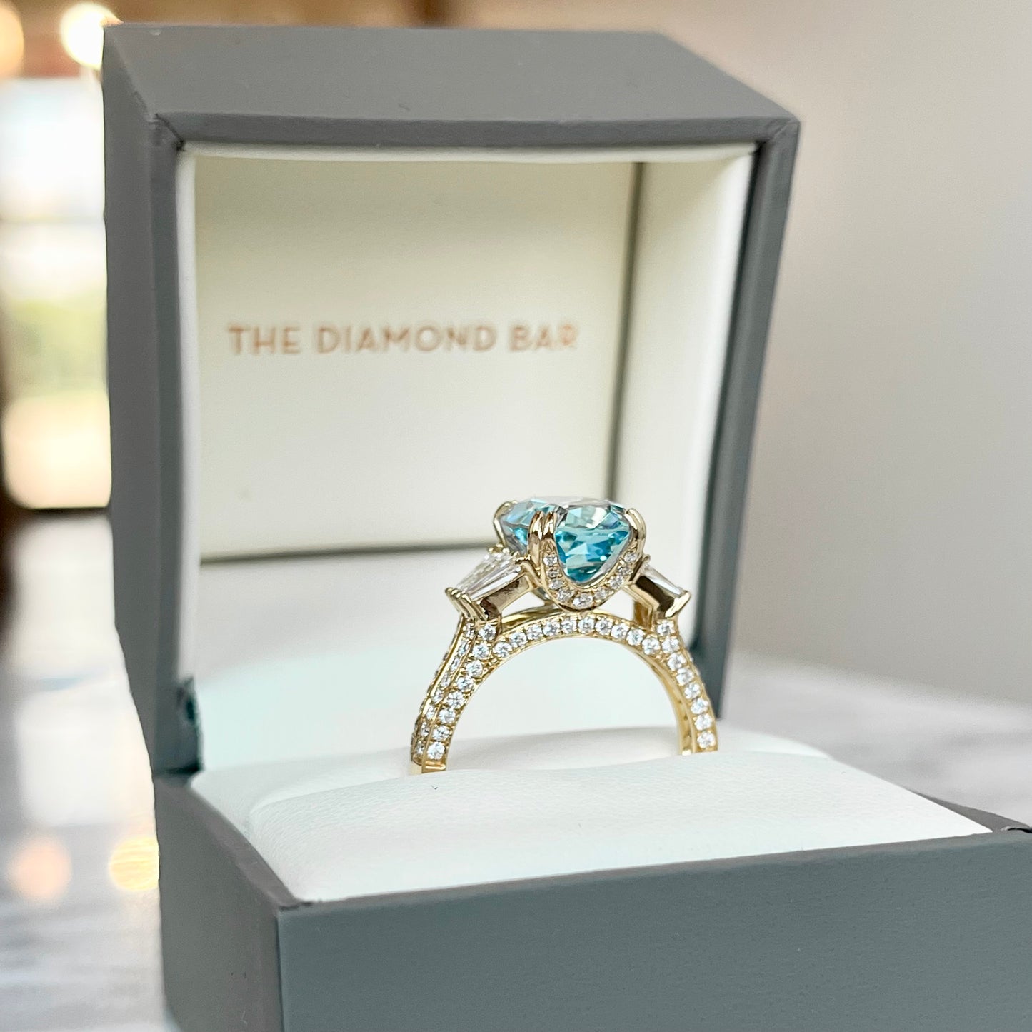 18K Yellow Gold Three Stone Inspired Aquamarine and Diamond Ring