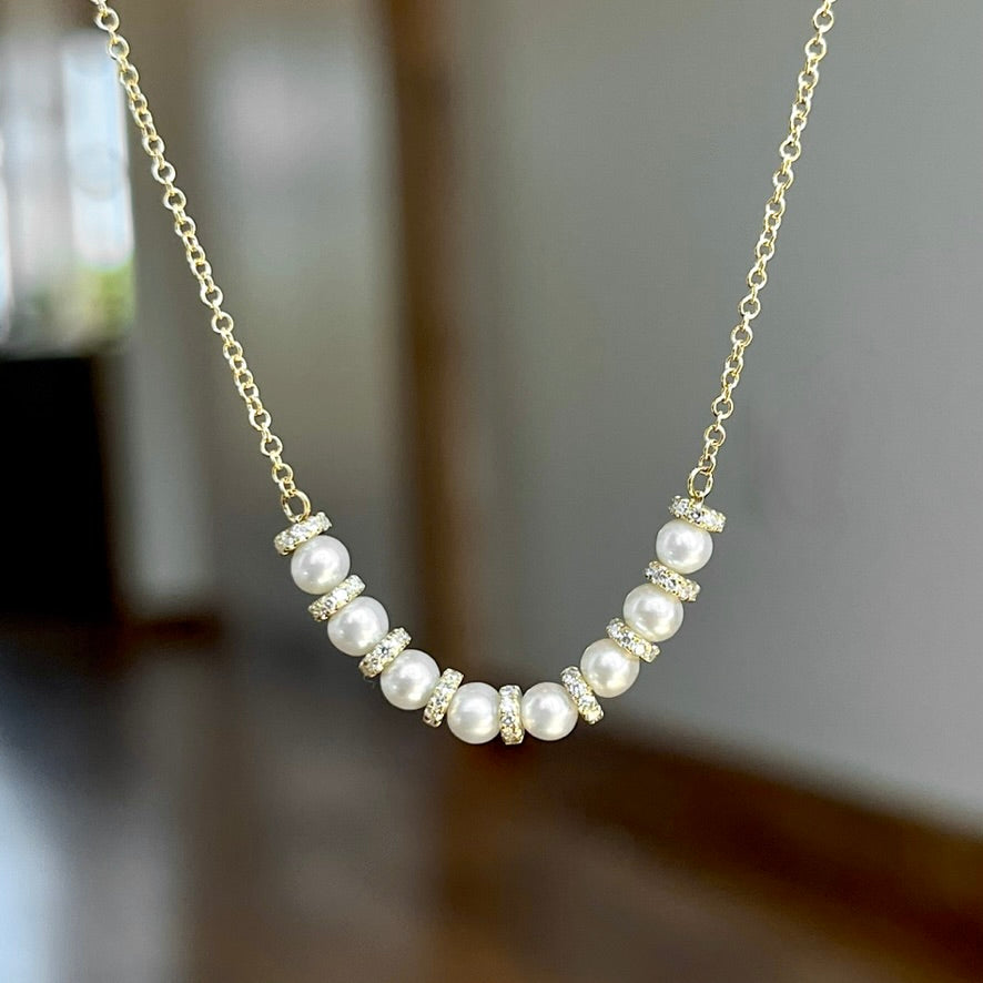 14K Yellow Gold Pearl and Diamond Bar Necklace