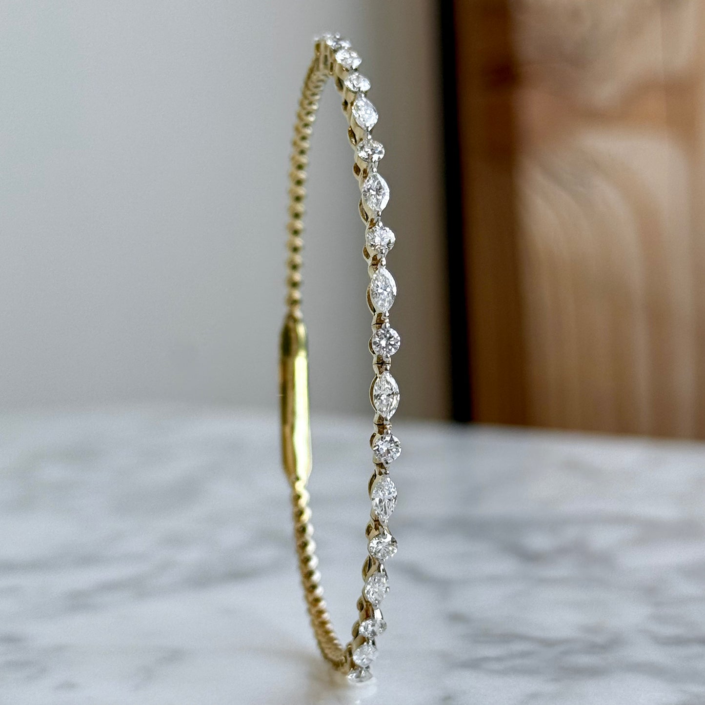 14K Yellow Gold Marquise and Diamond Flexible Bangle Bracelet