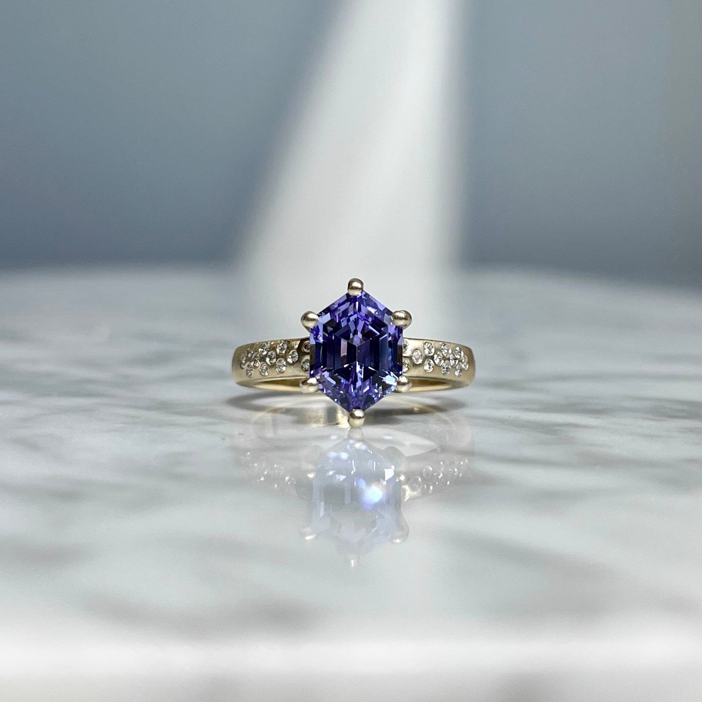 14K Yellow Gold Hexagon Cut Tanzanite and Diamond Ring