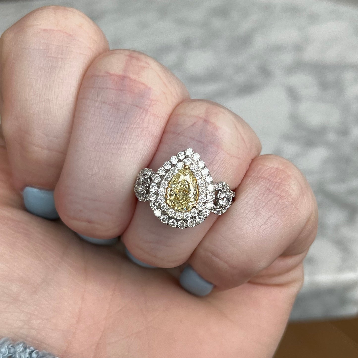 18K White Gold 1.80CTW Pear Shape Double Halo Three Stone Diamond Engagement Ring
