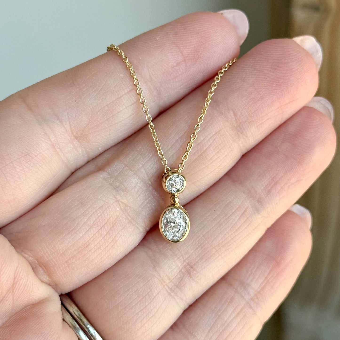 14K Yellow Gold Oval and Round Diamond Necklace