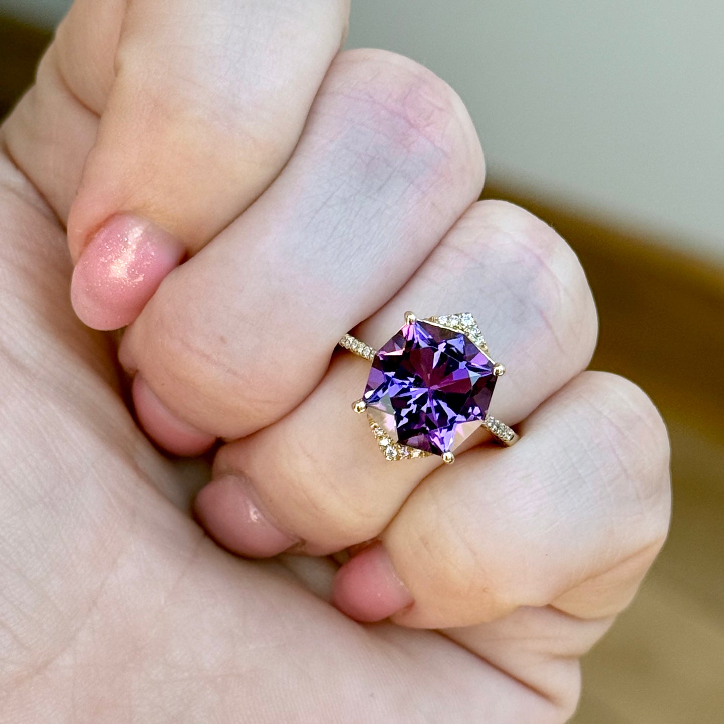 14K Yellow Gold Amethyst and Diamond Ring