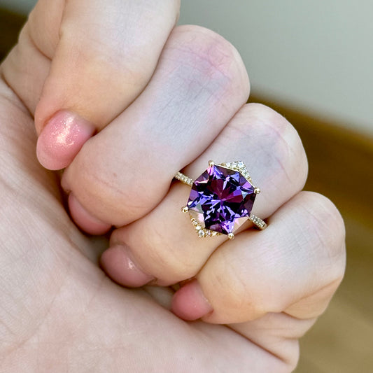 14K Yellow Gold Amethyst and Diamond Ring