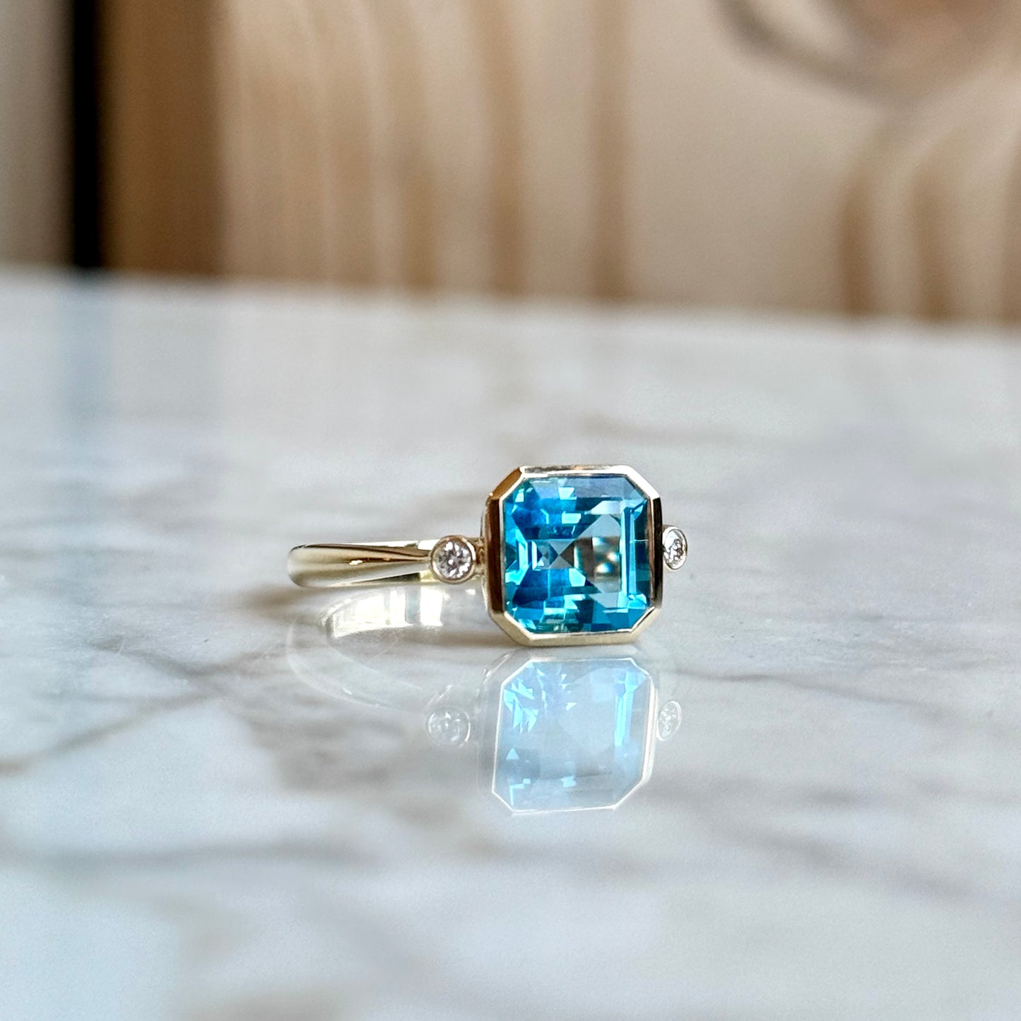 14K Yellow Gold Swiss Blue Topaz and Diamond Ring