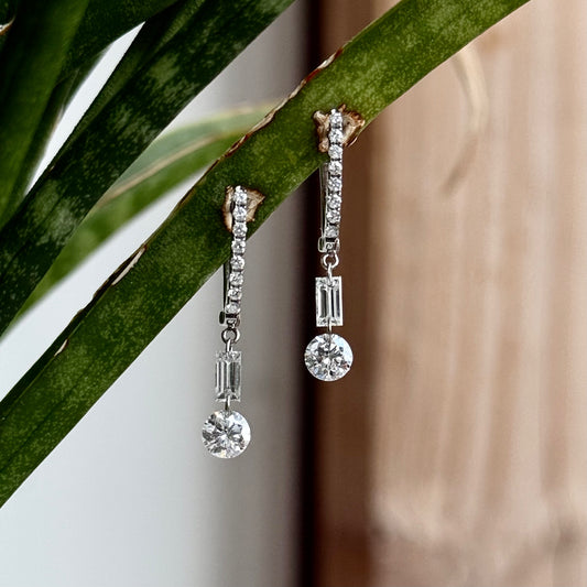 14K White Gold Floating Baguette and Round Diamond Dangle Earrings