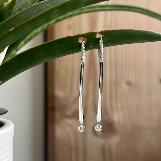 14K Gold Floating Diamond Modern Bar Drop Style Earring 37/100CTW
