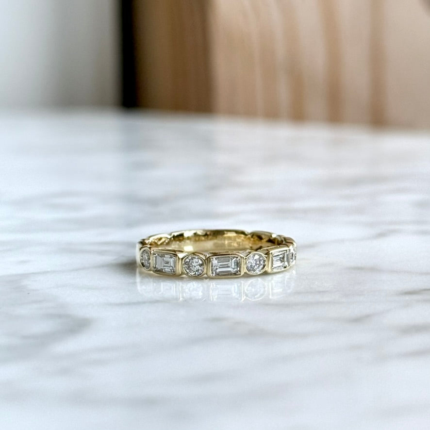 14K Yellow Gold Bezel Baguette and Diamond Band