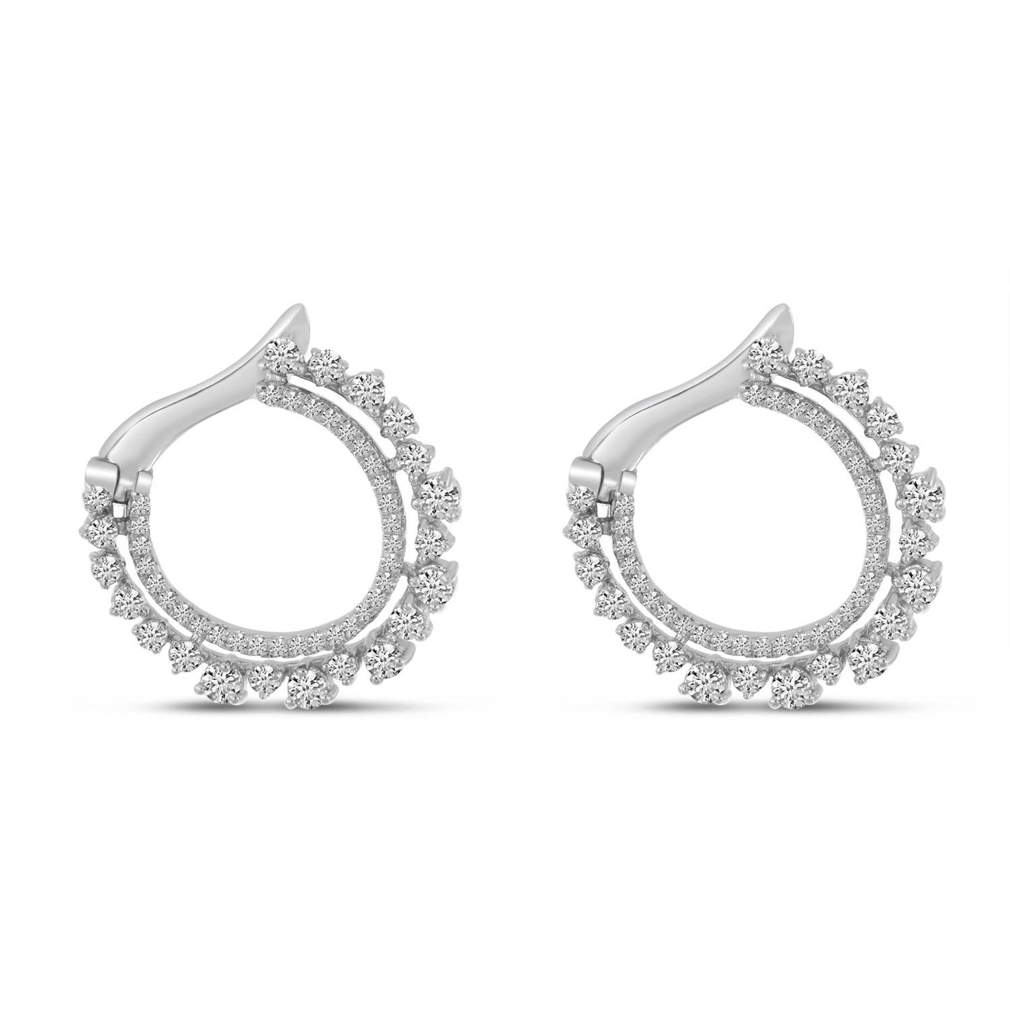 14K White Gold Scattered Double Row Frong Hoop Diamond Earrrings