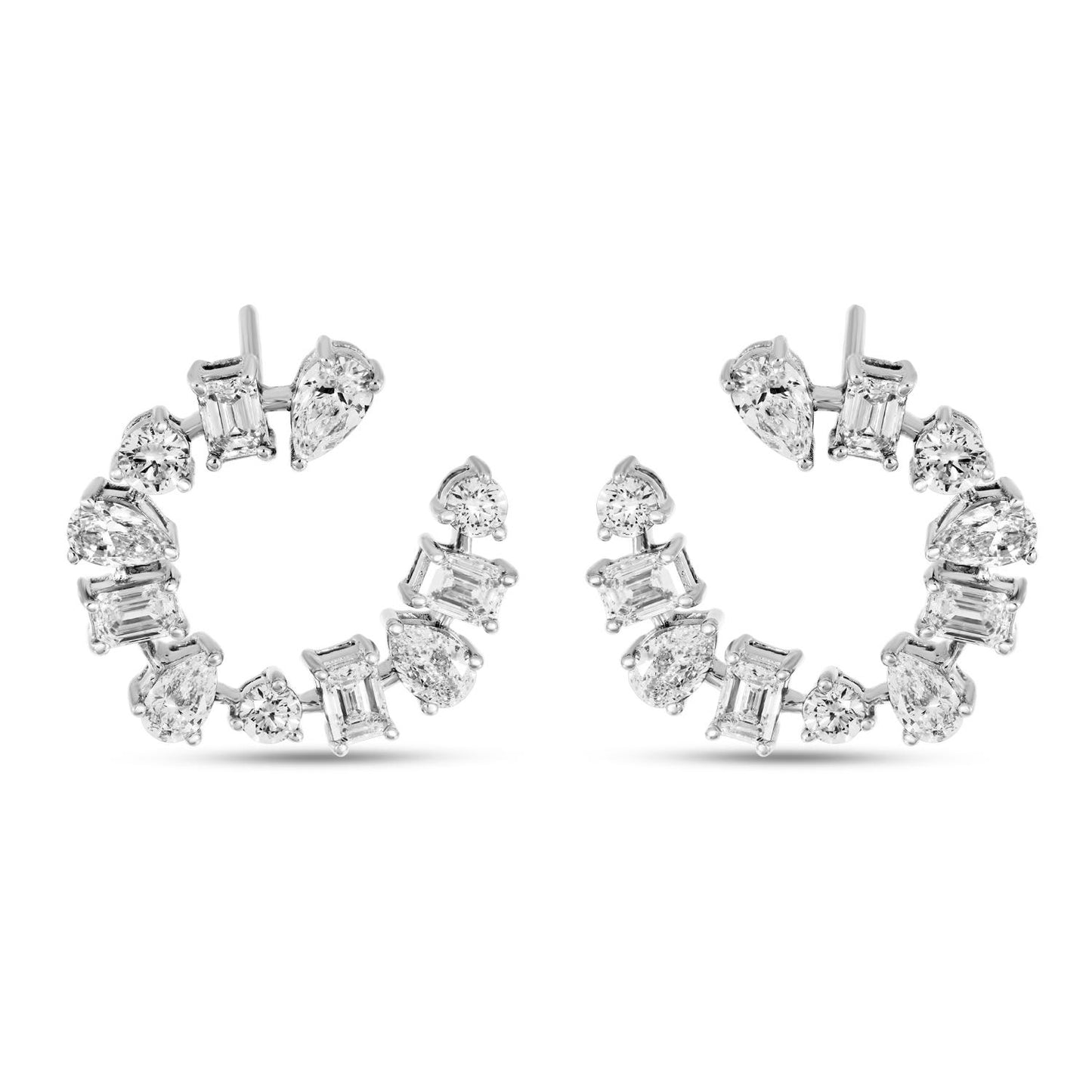 14K White Gold Fancy Multi-Diamond Front Hoop Earrings