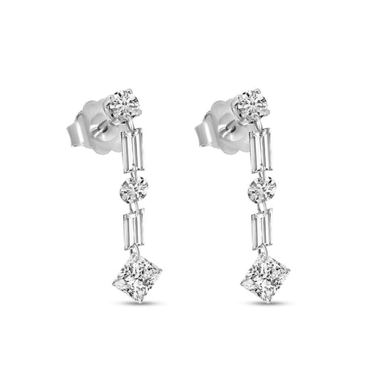 14K White Gold Floating Baguette, Princess and Round Diamond Earrings