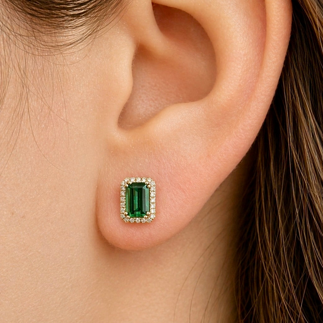 14K White Gold Emerald Cut Tourmaline and Diamond Halo Stud Earrings