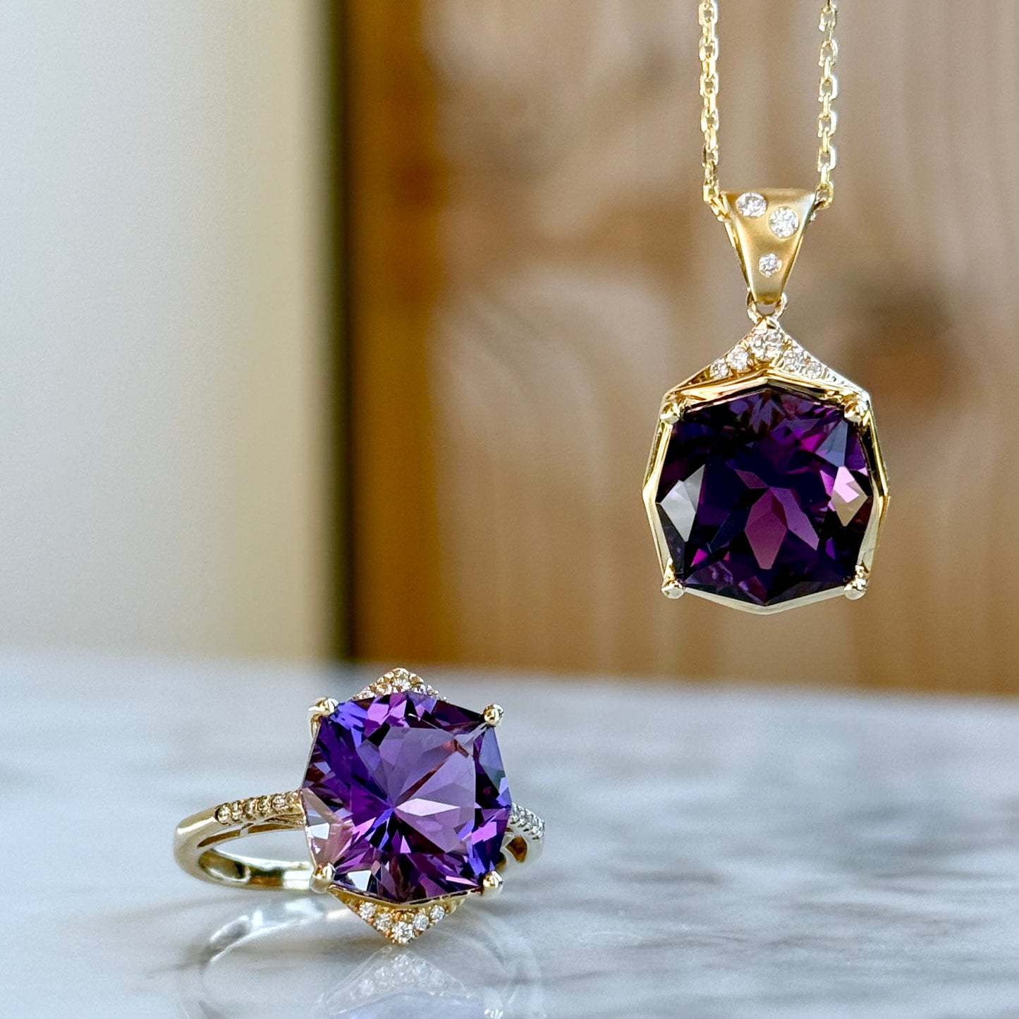 14K Yellow Gold Amethyst and Diamond Necklace