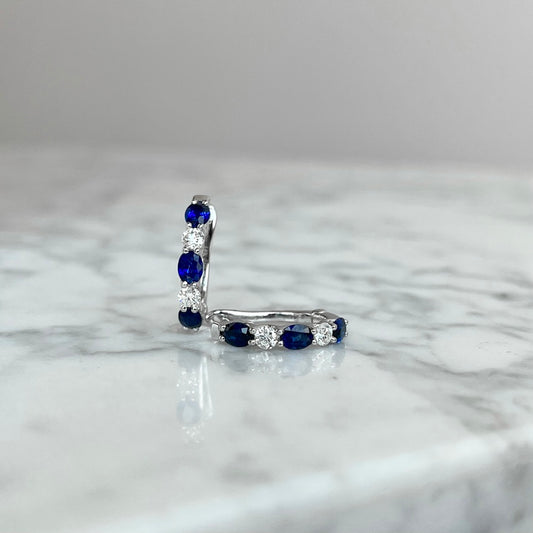 18K White Gold Sapphire and Diamond Hoop Earrings