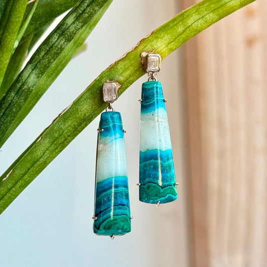 18K Rose Gold Diamond and Chrysocolla Malachite Earrings
