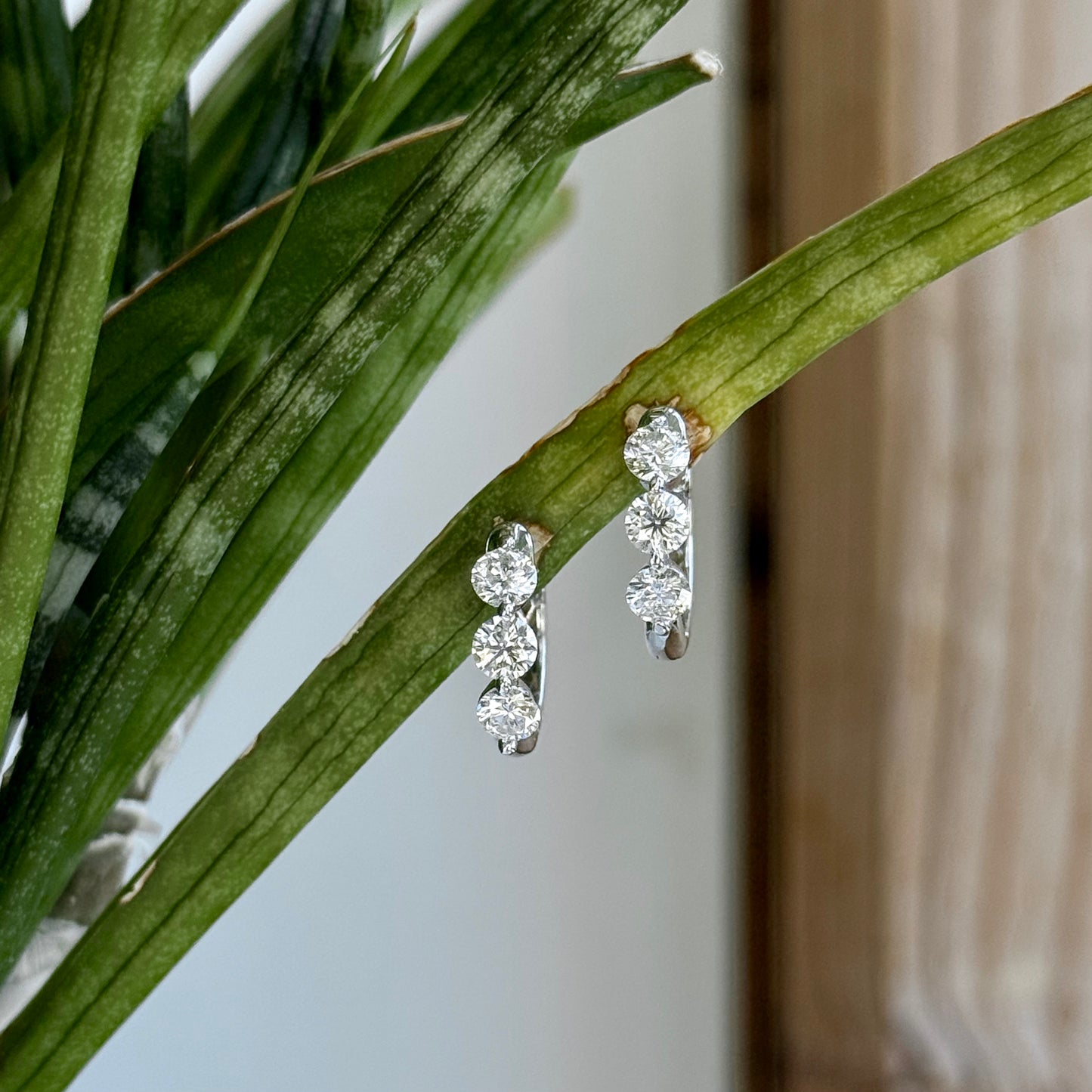 14K White Gold Single Prong Diamond Huggie Earrings