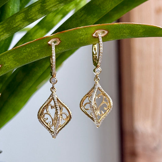 14K Yellow Gold Vintage Inspired Diamond Dangle Ornament Earrings