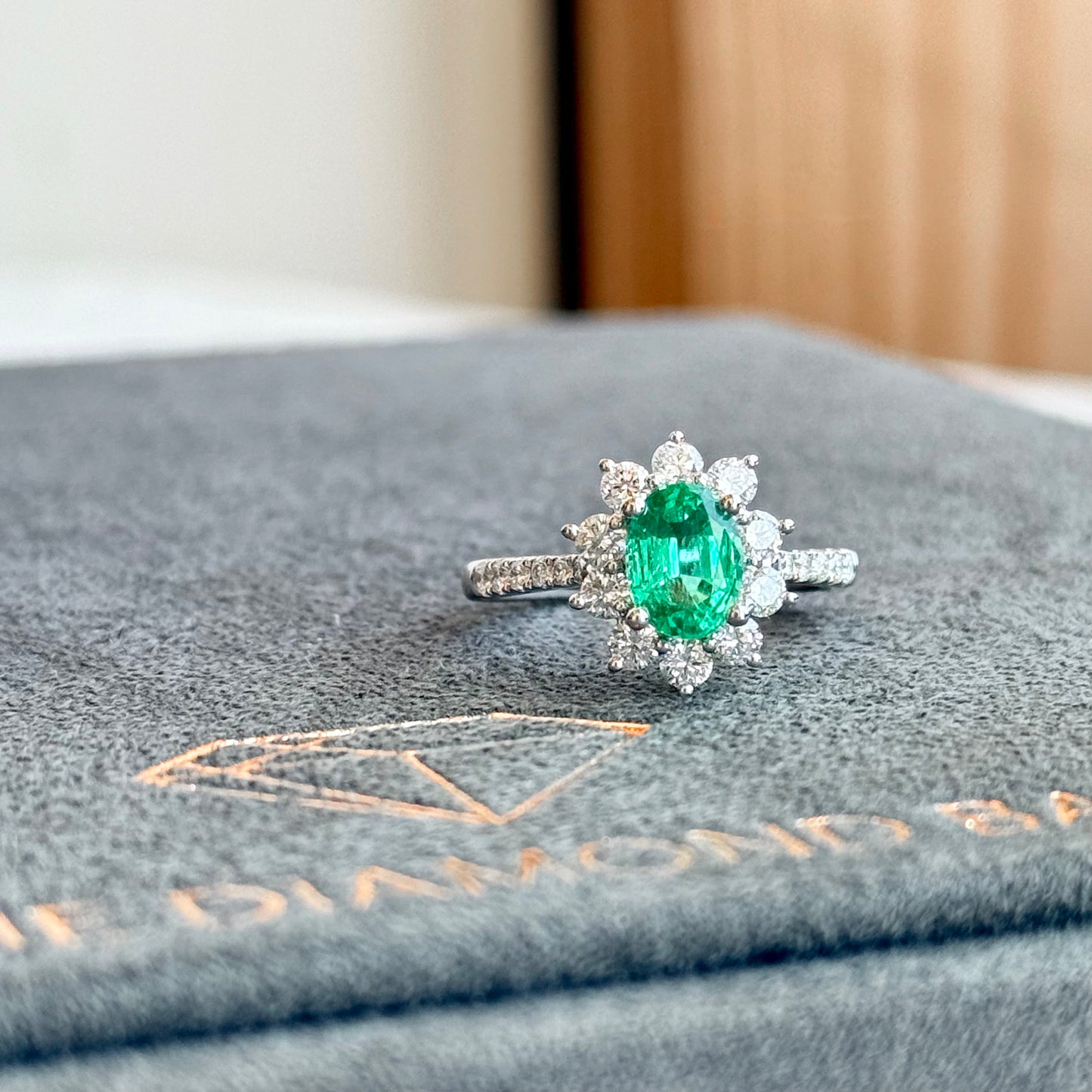 18K White Gold Emerald and Diamond Halo Ring