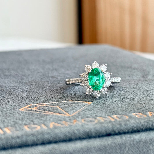 18K White Gold Emerald and Diamond Halo Ring