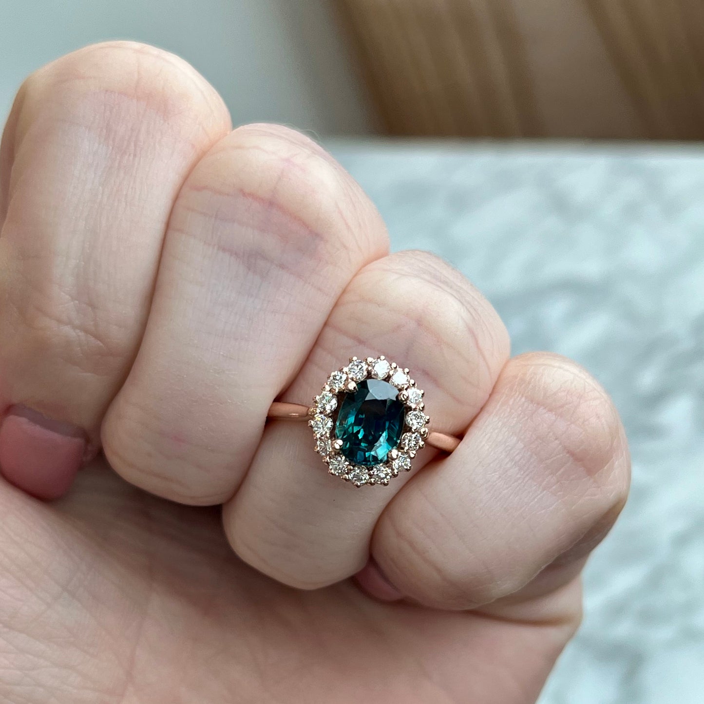 14K Rose Gold Natural Teal Sapphire and Diamond Halo Ring.