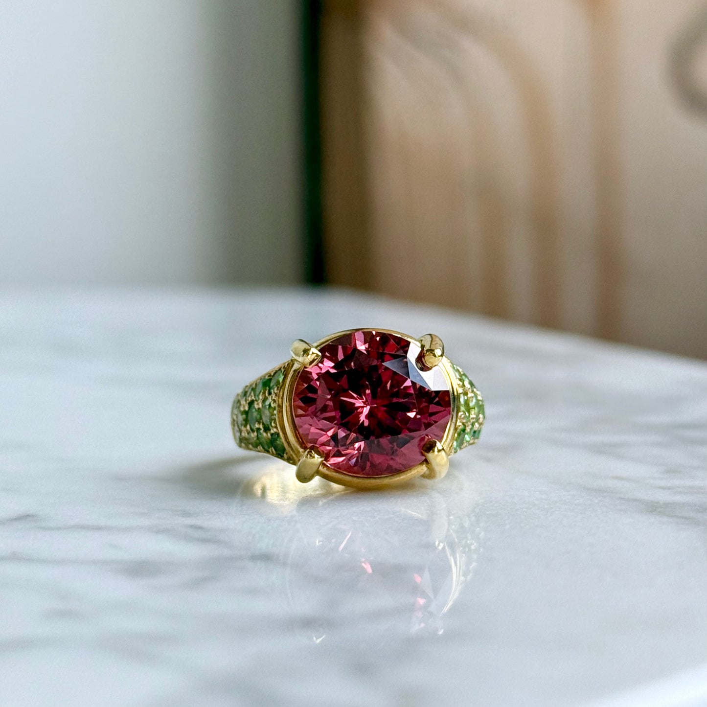18K Yellow Gold Color Shifting Garnet and Tsavorite Ring
