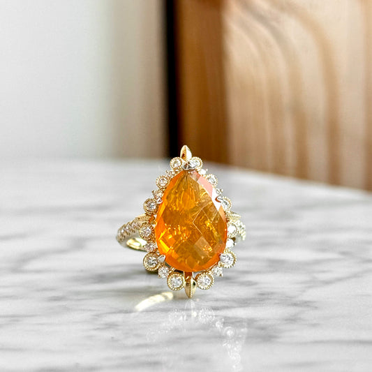 14K Yellow Gold Fire Opal and Diamond Halo Ring