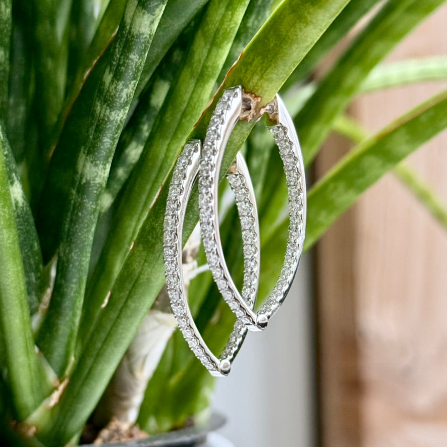 14K White Gold "Flame" Diamond Hoop Earrings