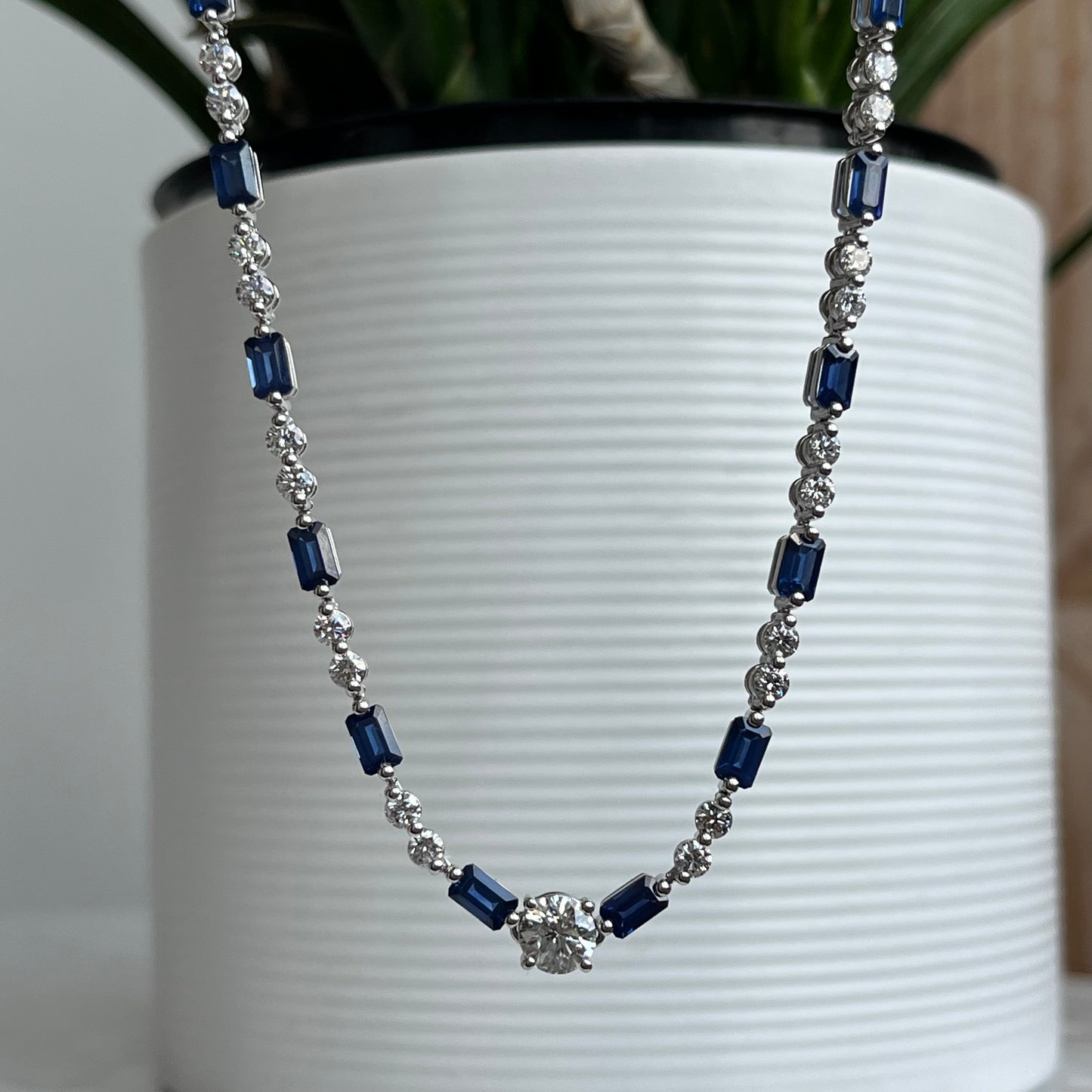 14K White Gold Diamond and Sapphire Riviera Necklace