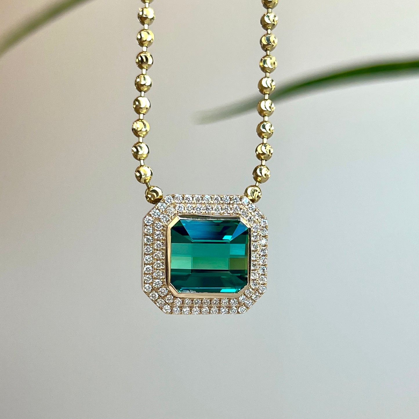14K Yellow Gold Tourmaline and Pave Diamond Halo Necklace