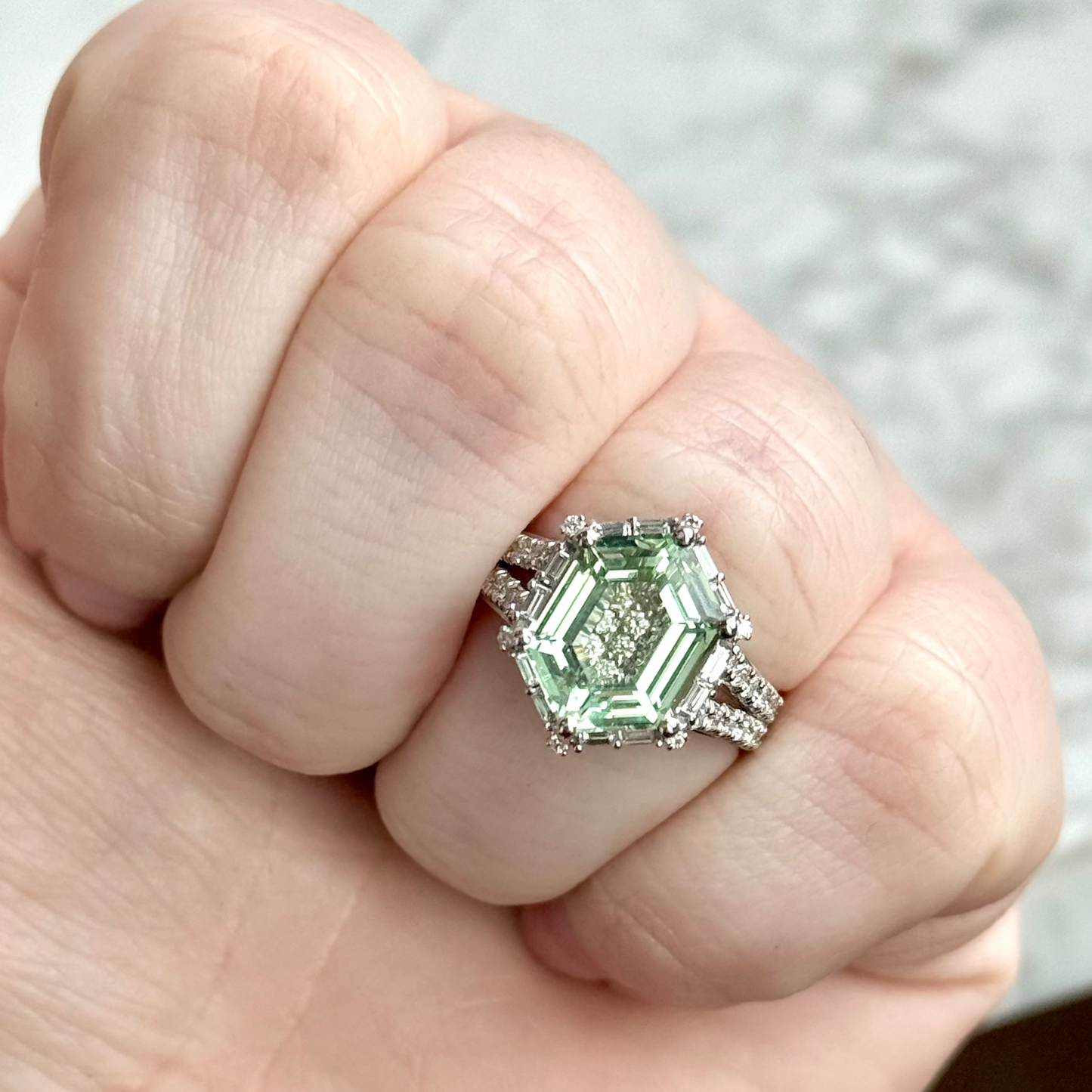 14K White Gold Mint Tourmaline "Lumineve" Diamond Halo Split Shank Ring