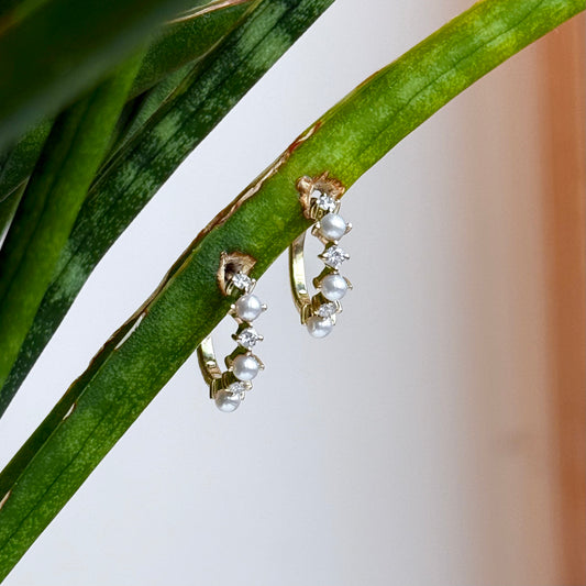 14K Yellow Gold Pearl and Diamond Huggie Hoop Earrings