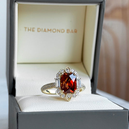 14K Yellow Gold Terracotta Zircon and Diamond Ring